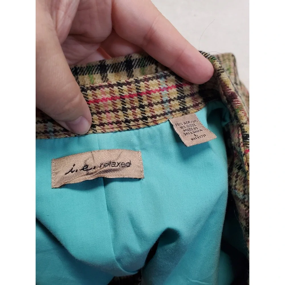 Tan Black Pink Plaid Wool Blend Blazer Women Large Academia Twee Office